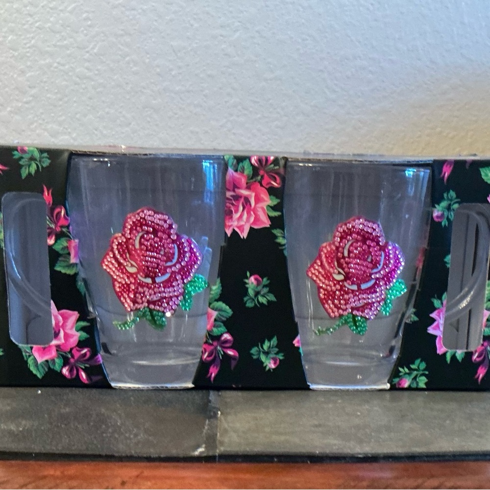 Betsey Johnson Coffee Mugs with Beaded Pink Rose Design